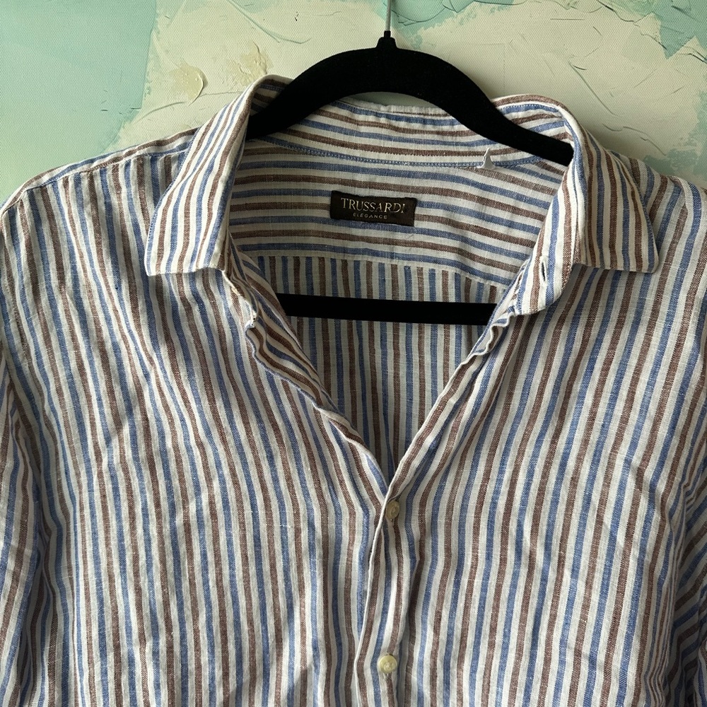 Trussardi Men's Casual Blue and White Striped Shirt
